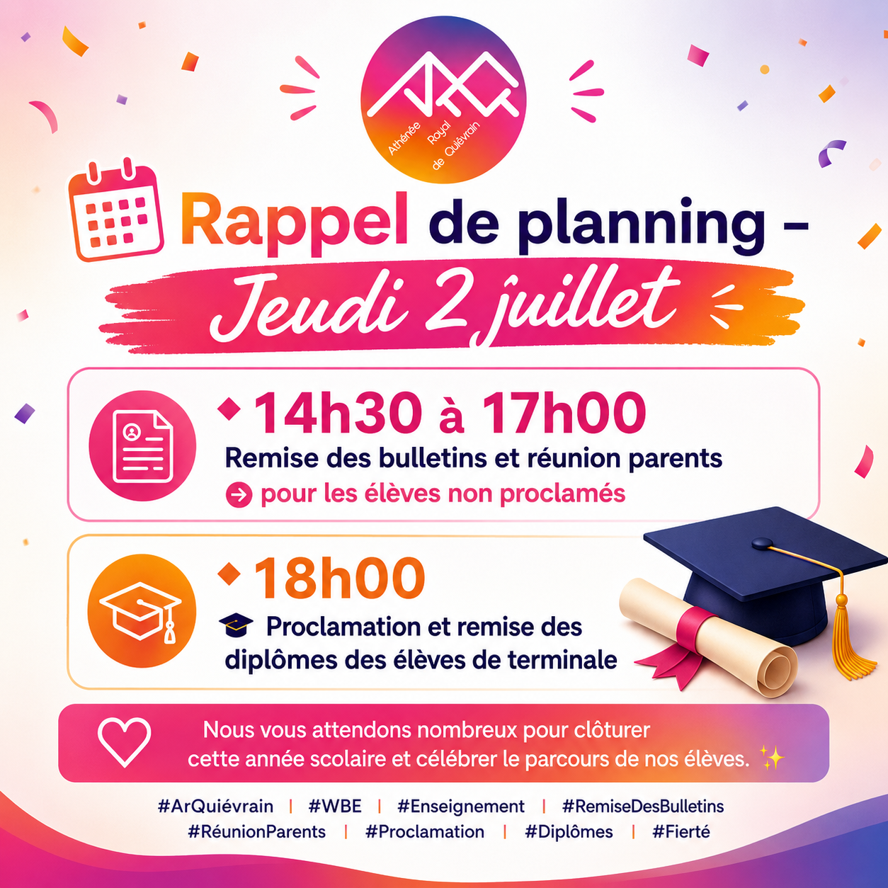 Rappel de planning – jeudi 2 juillet